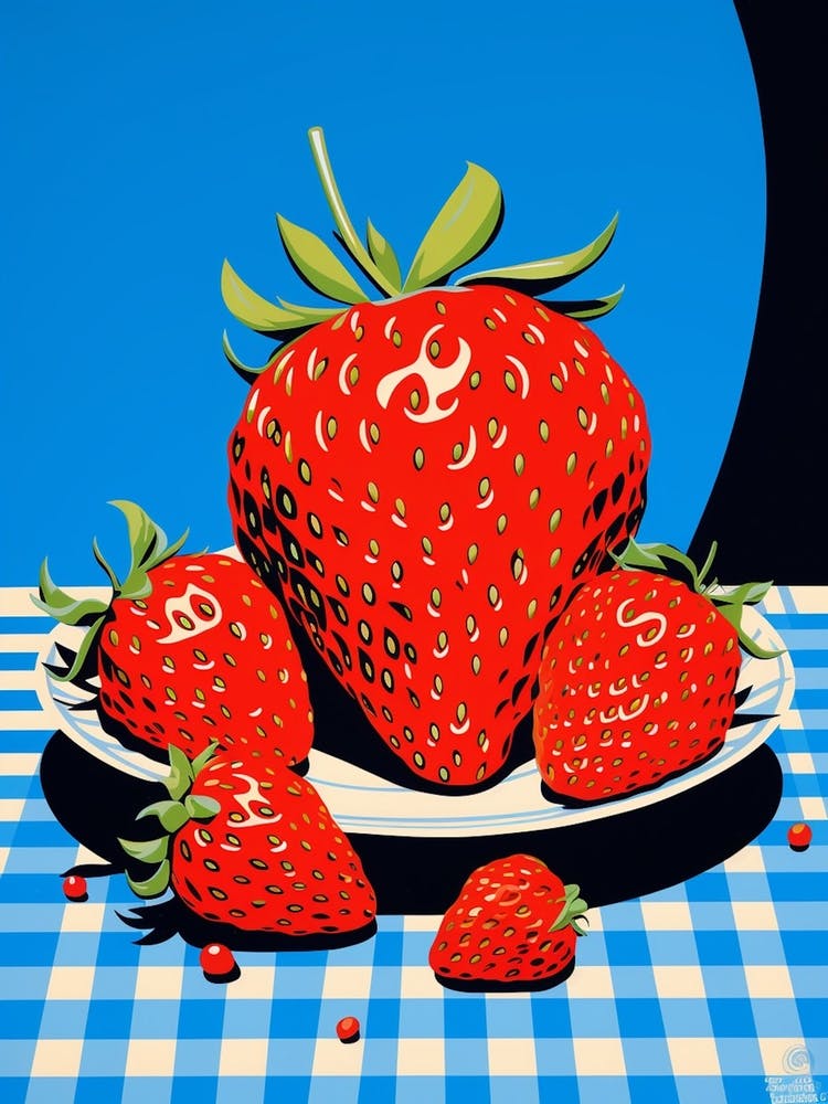 Strawberries Blue Checkerboard