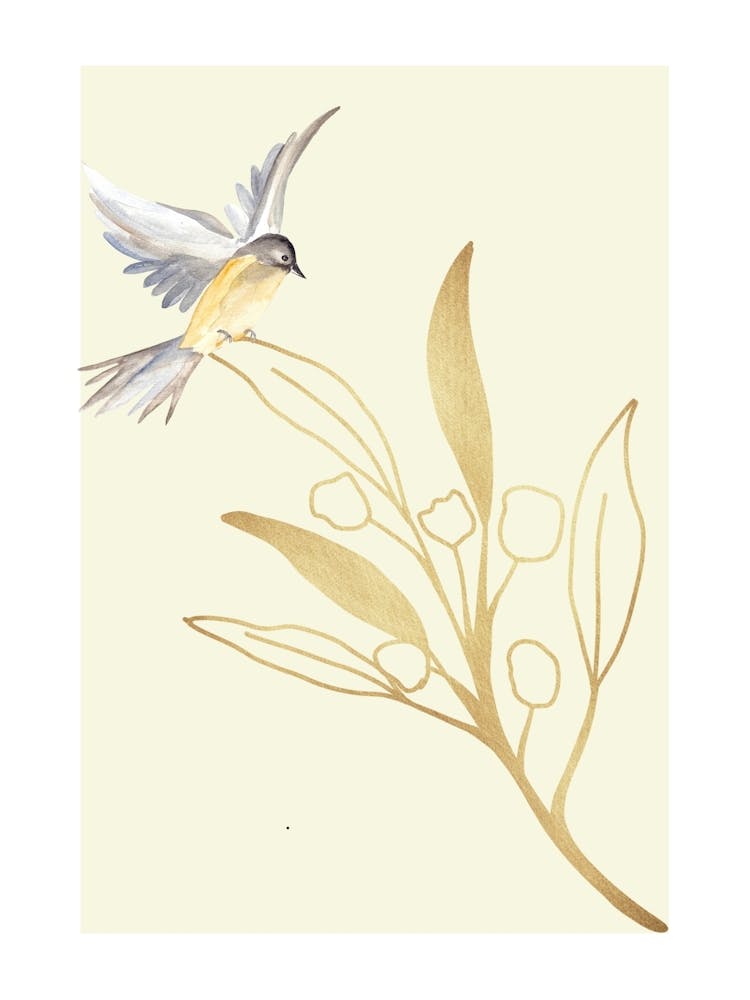 Gold Flowers Leafs Bird