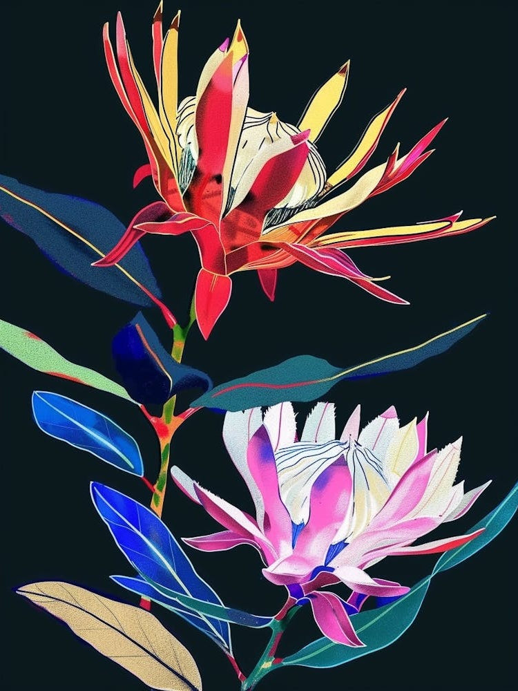 Neon Flowers On Black Protea 1