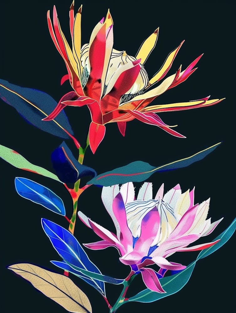 Neon Flowers On Black Protea 1