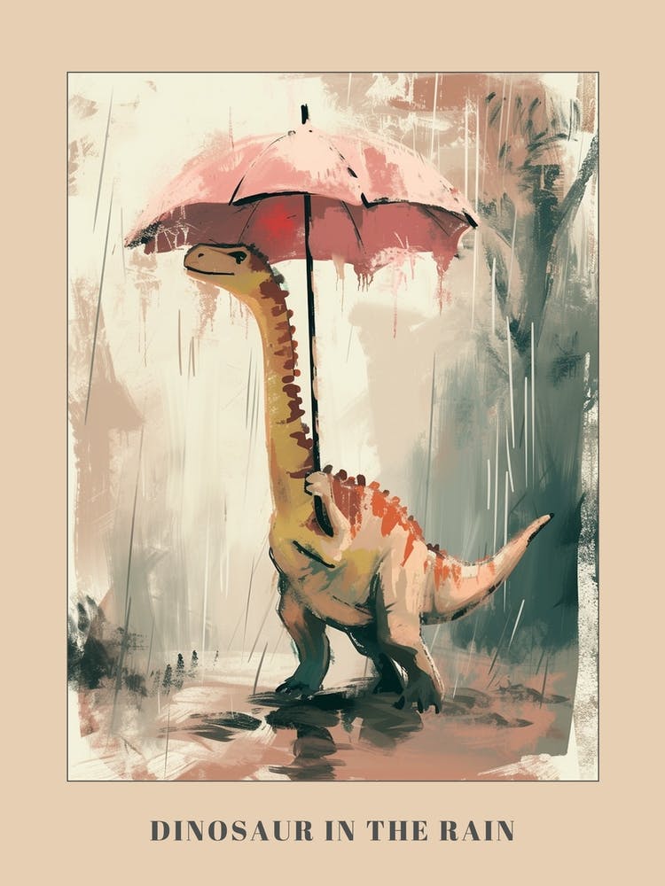 Dinosaur In The Rain Holding An Umbrella 1 Poster