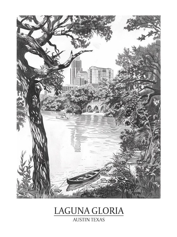 Laguna Gloria Austin Texas Black And White Drawing 1 Poster
