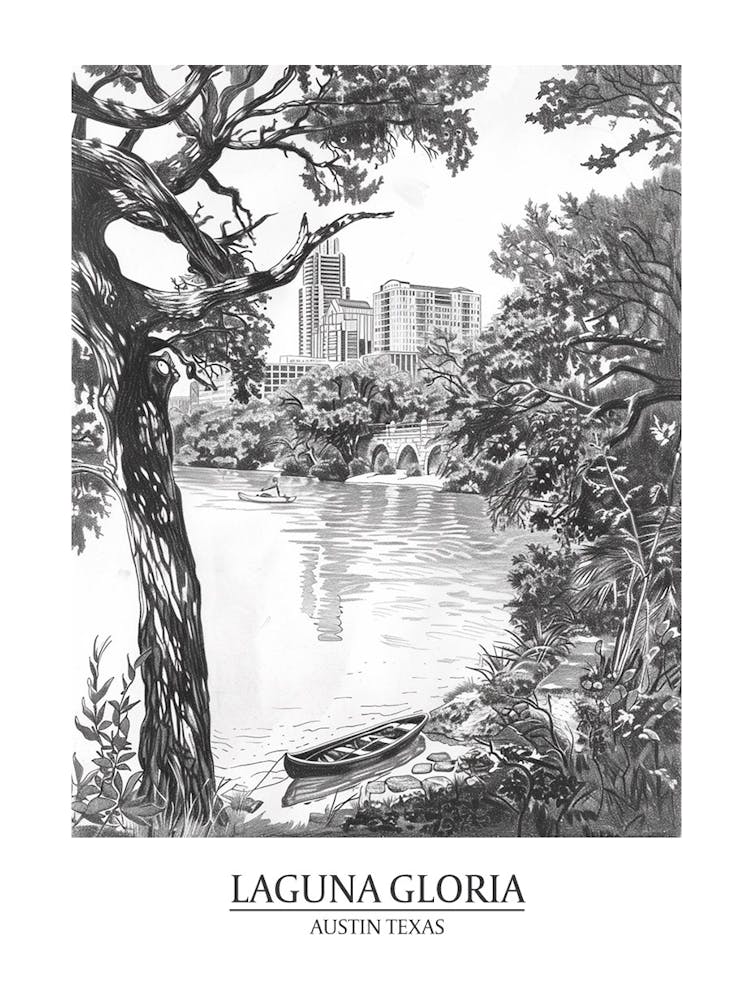 Laguna Gloria Austin Texas Black And White Drawing 1 Poster