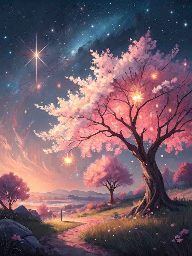 Oil Painting Style Whimsical Sakura Night Fantasy Landscape & Starry Sky