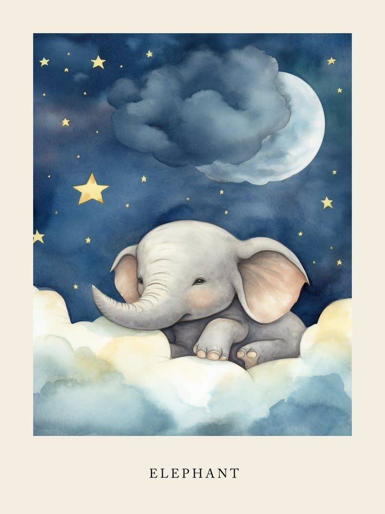 Baby Elephant 3 Sleeping In The Clouds Nursery Poster