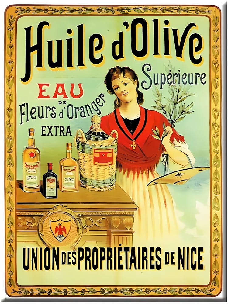 Extra Virgin Olive Oil, Lady with Olive Bottles, Vintage Advertising Poster