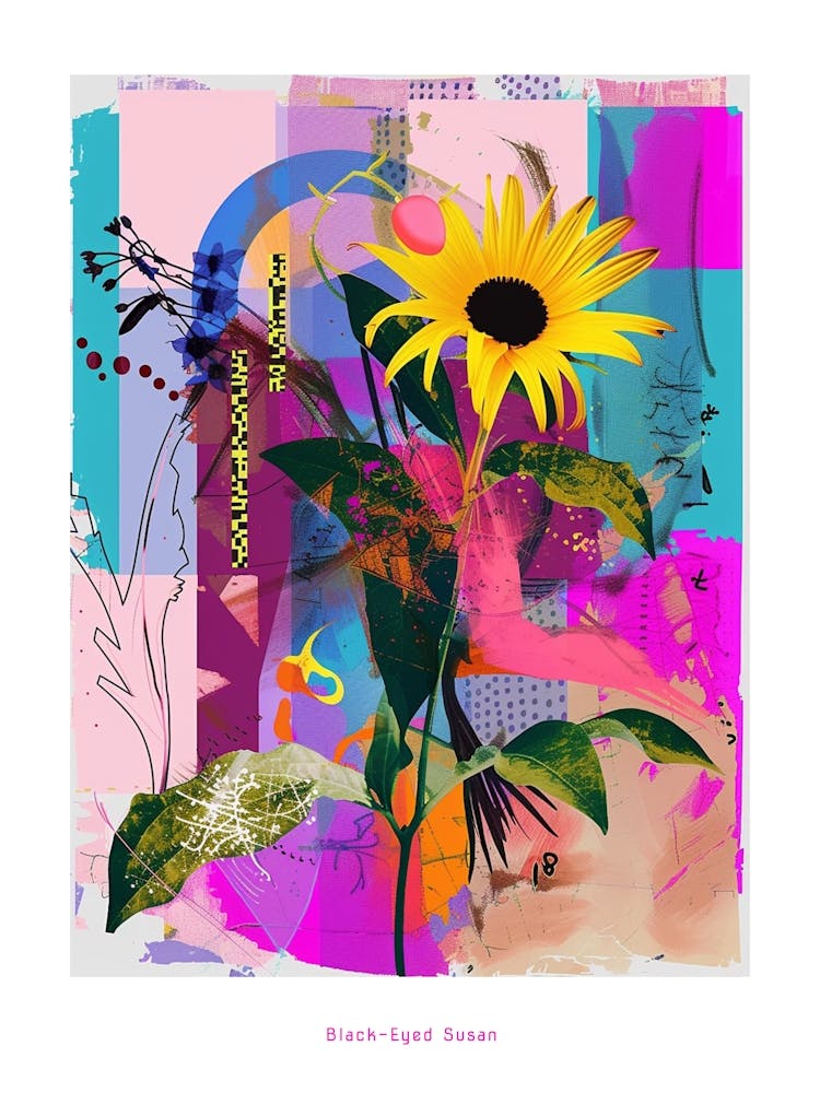 Black Eyed Susan 3 Neon Flower Collage Poster