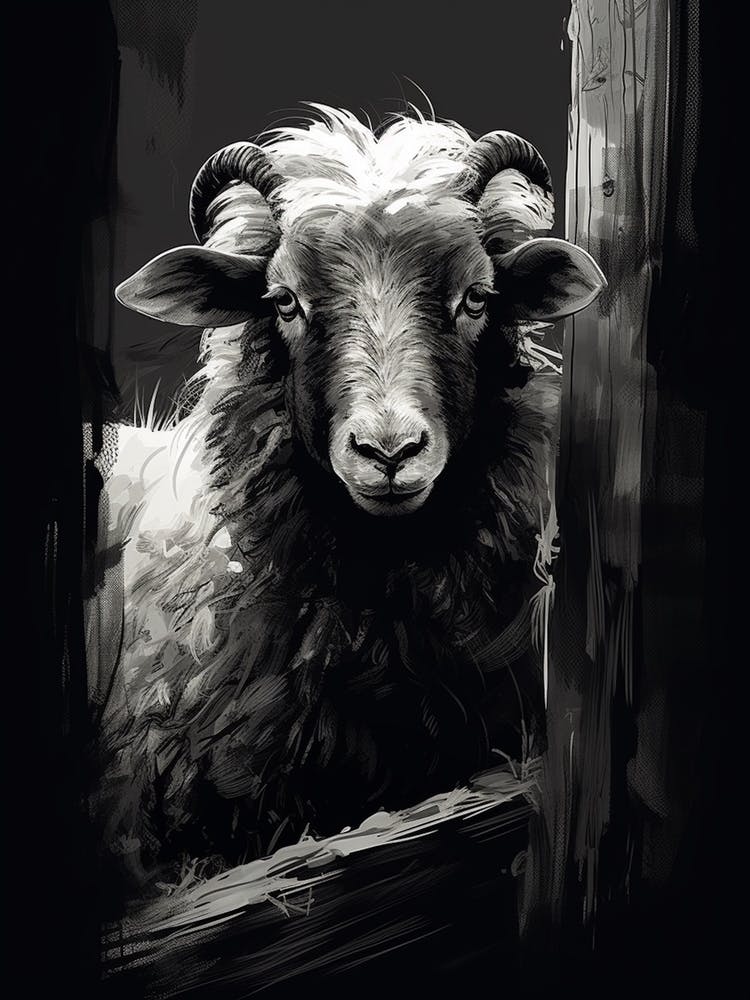 Black & White Illustration Of Highland Sheep In The Barn 1