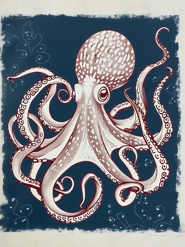 Navy Blue & Red Linocut Inspired Octopus