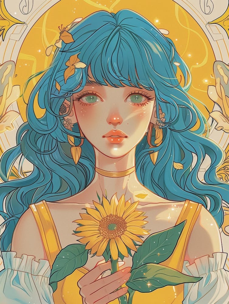 Blue Haired Girl With Sunflower