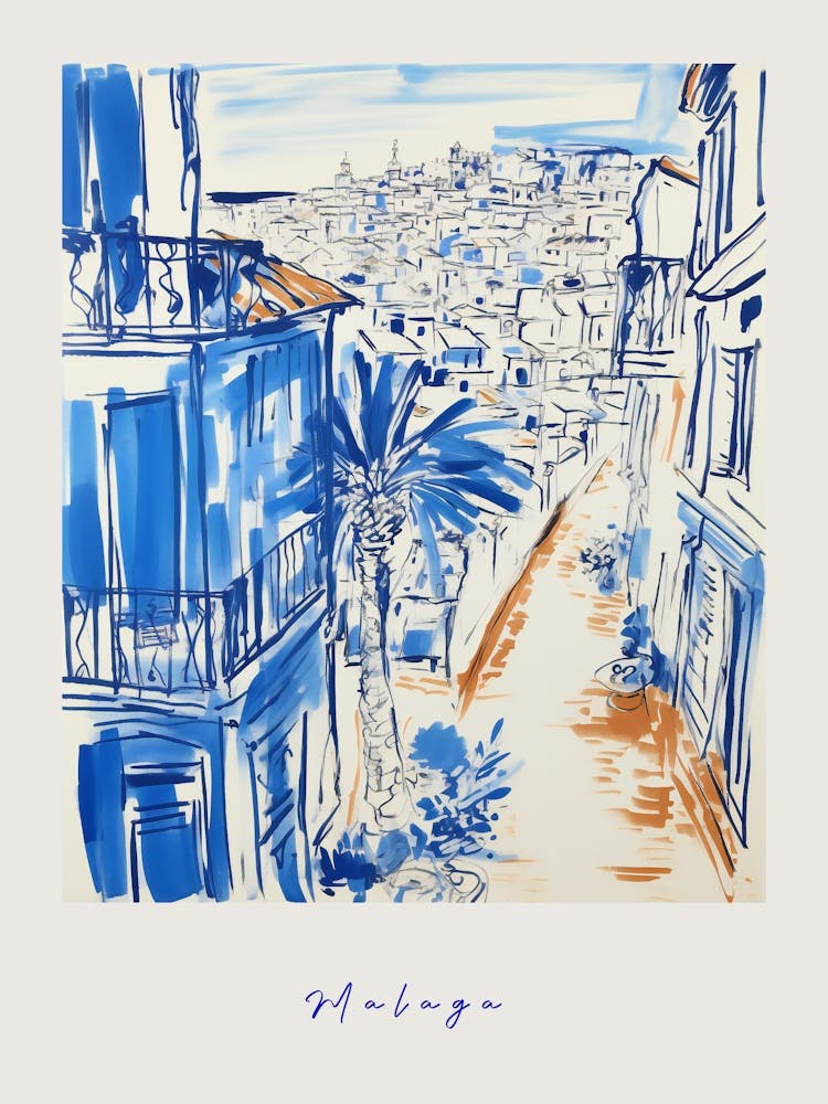 Malaga Spain Mediterranean Blue Drawing Poster