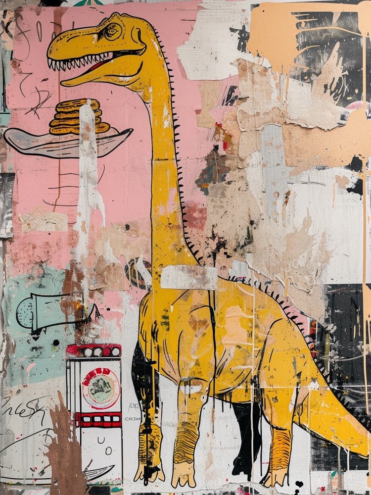 Abstract Mustard Dinosaur Painting Eating Pancakes