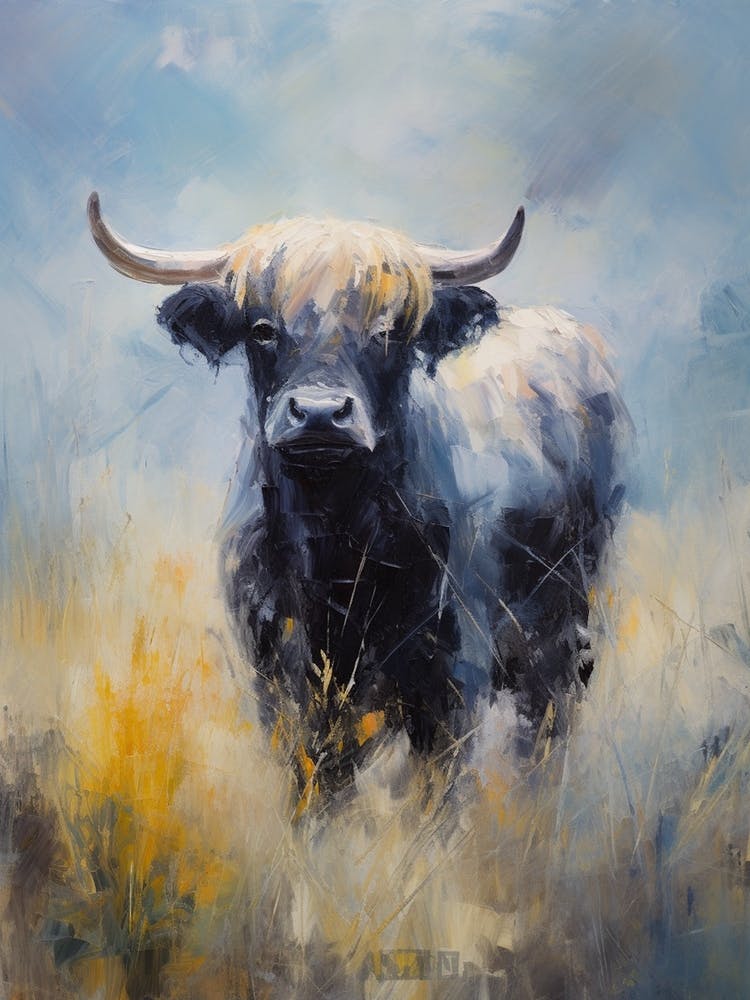 Taureau des Highlands, Style Impressionniste Jaune et Bleu