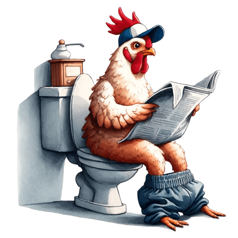 Chicken Reading Newspaper on Toilet