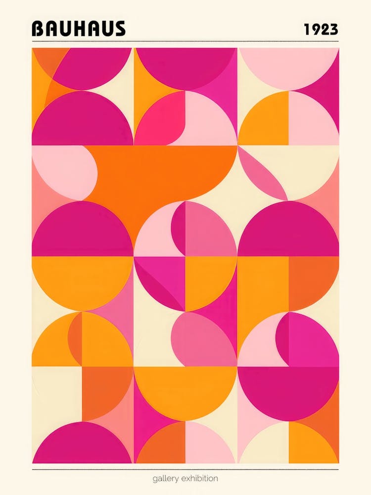 Bauhaus style abstract Geometric shapes exhibition poster in warm pinks, oranges, and creams, minimalist artwork in mid-century modern aesthetic ideal for retro bedrooms, funky living rooms