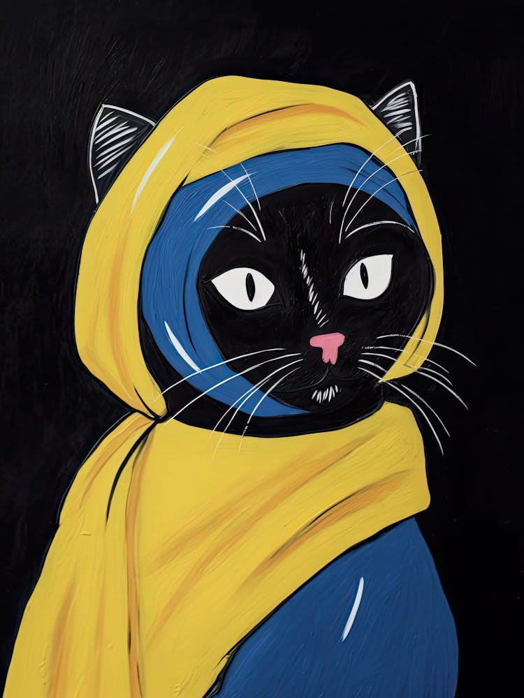 The Cat With The Pearl Earring, Black Cat Art  Johannes Vermeer