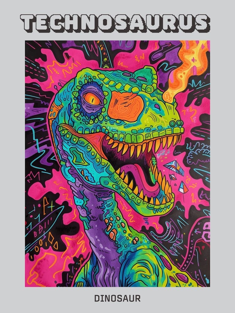 Graphic Line Dinosaur Colourful Portrait Poster