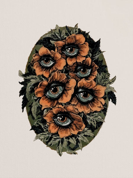 Surreal flowers with eyes in muted warm colors, dark cottagecore