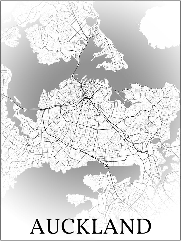 Auckland, New Zealand, City Map, Black And White Fade Design