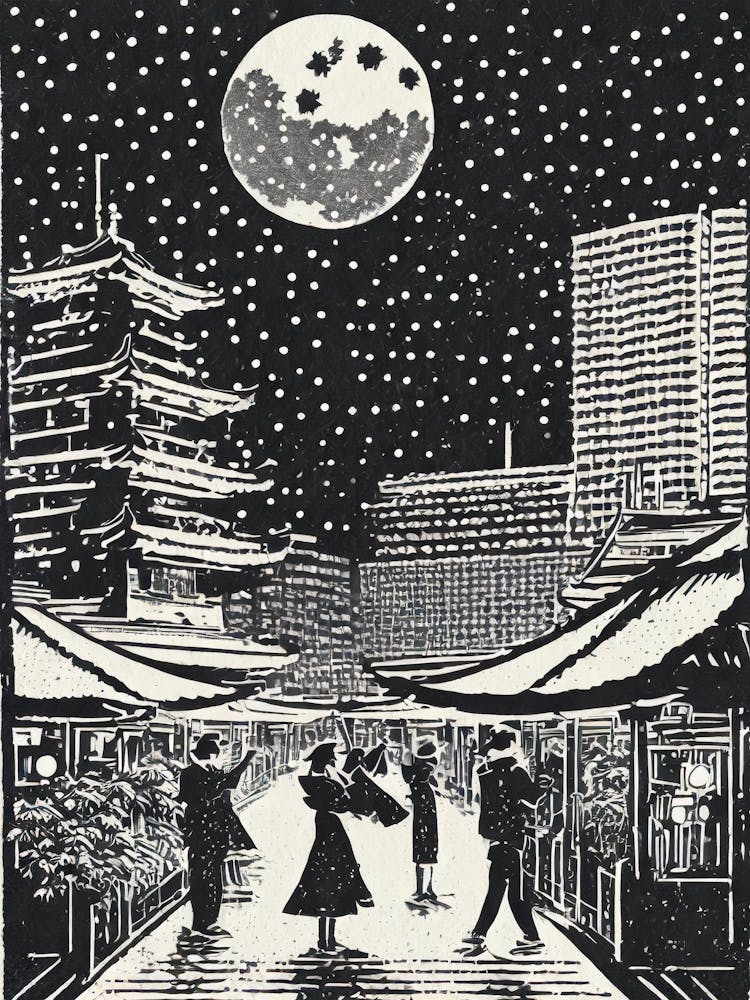 Moonlight In Tokyo Linocut