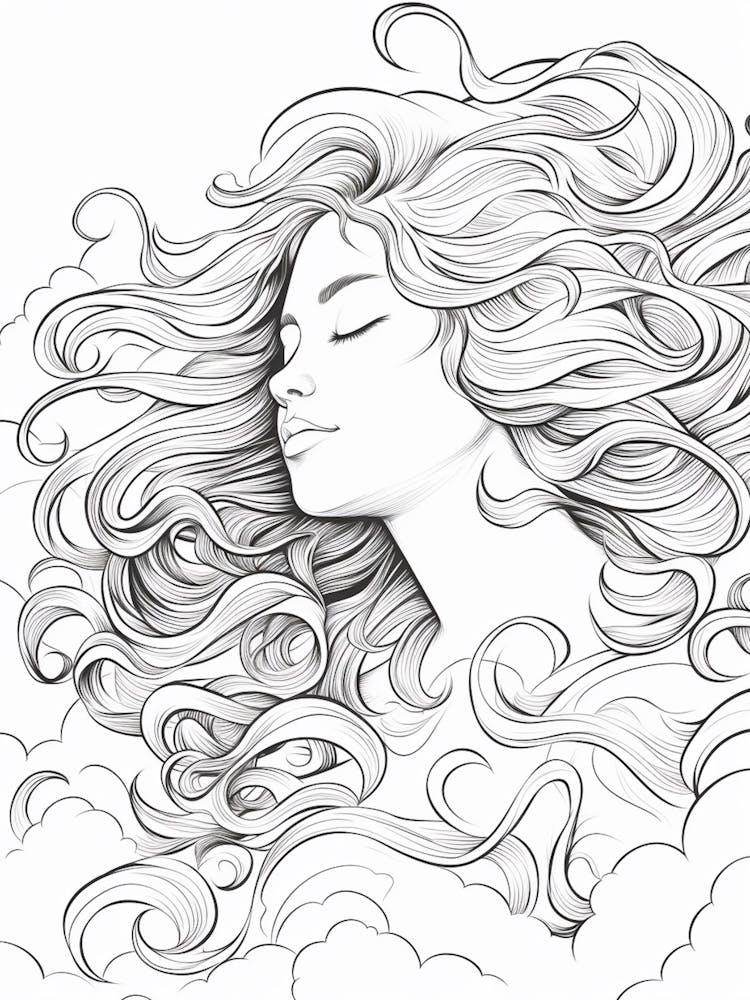 Wavy Hair Fine Line Drawing Colouring Book Style 4