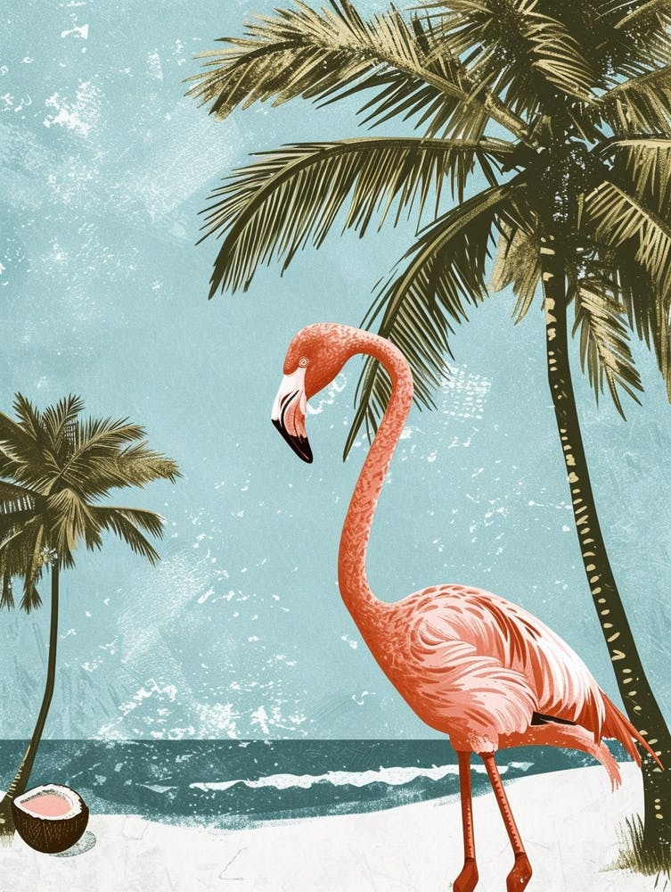 American Flamingo And Coconut Trees Minimalist Illustration 2