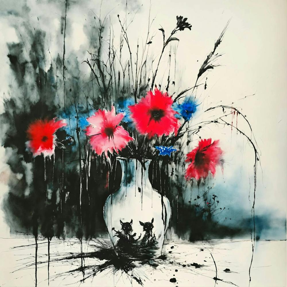 Flowers In A Vase Stephen Gammell style, dessin, aquarelle, aquarelles, noir et blanc et rouge , de marais, de sombres créatures, dégoulinant, pink and blue flowers in a vase placed on a table4