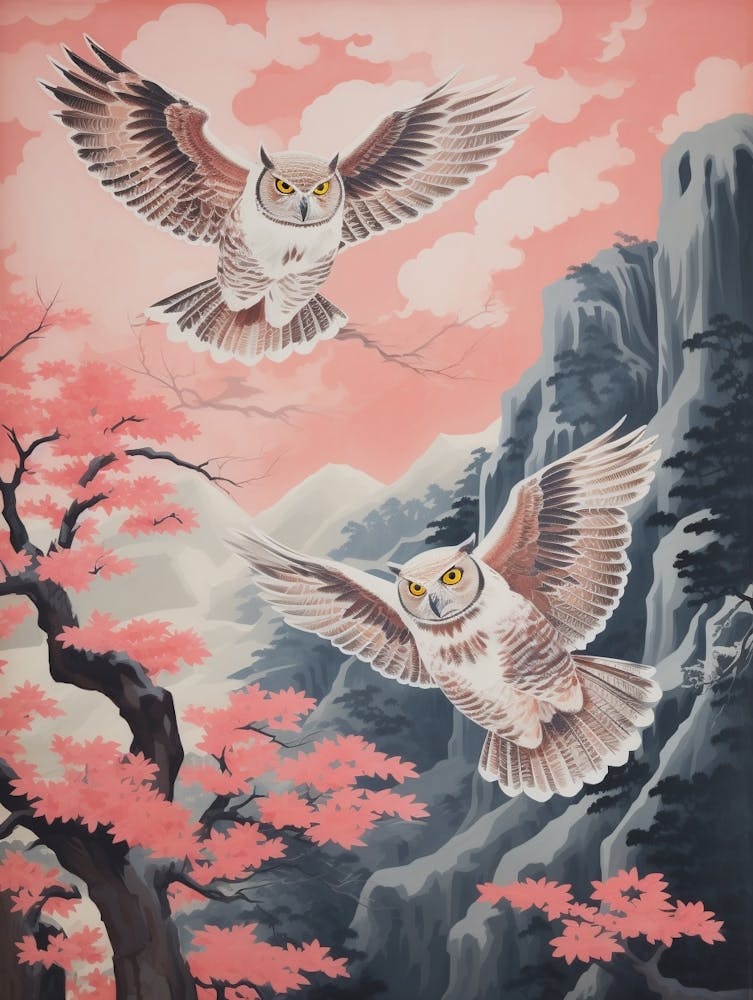 Vintage Japanese Inspired Bird Print Great Horned Owl 3