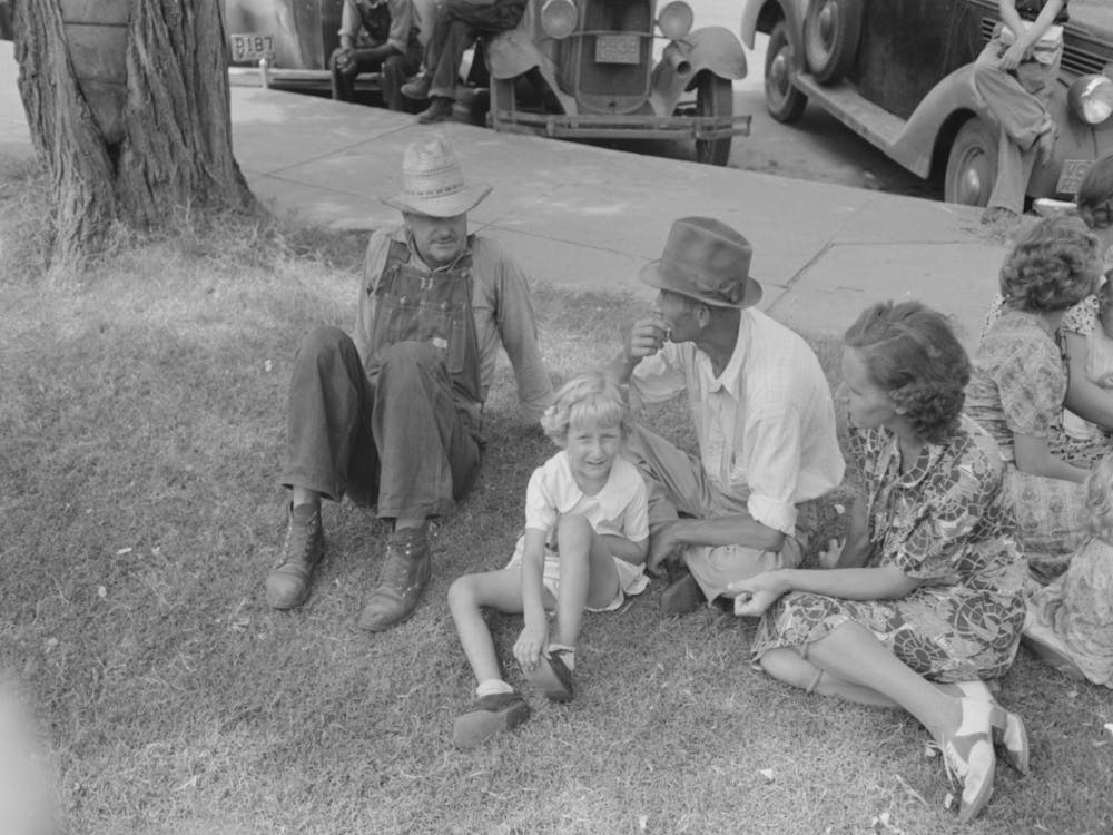 Farm People On Lawn In Front Of Courthouse, Saturday Afternoon, Tahlequah, Oklahoma By Russell Lee