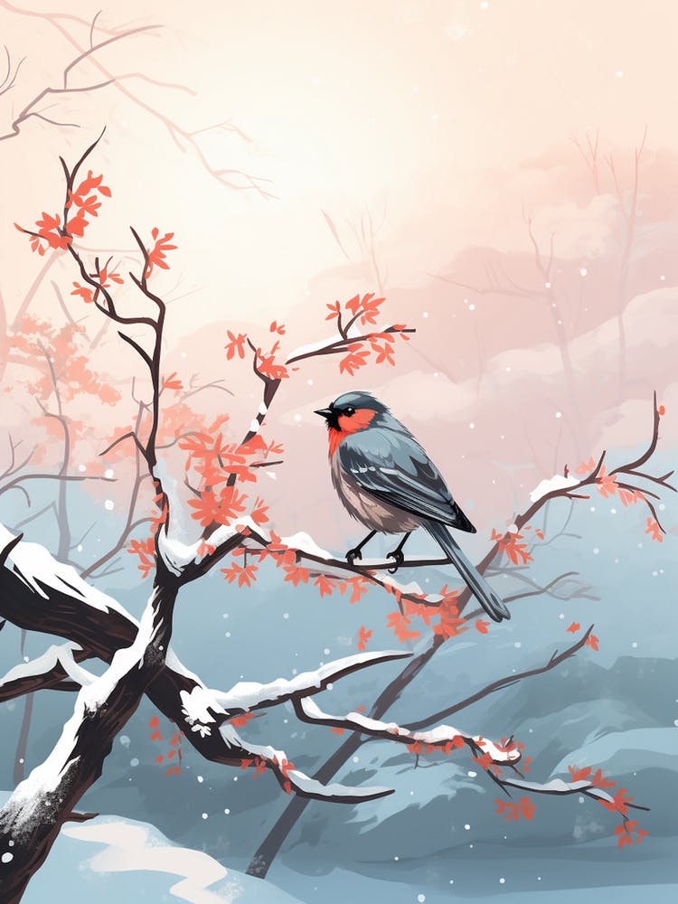 Lone Bird Perching On Snowy Branches 3