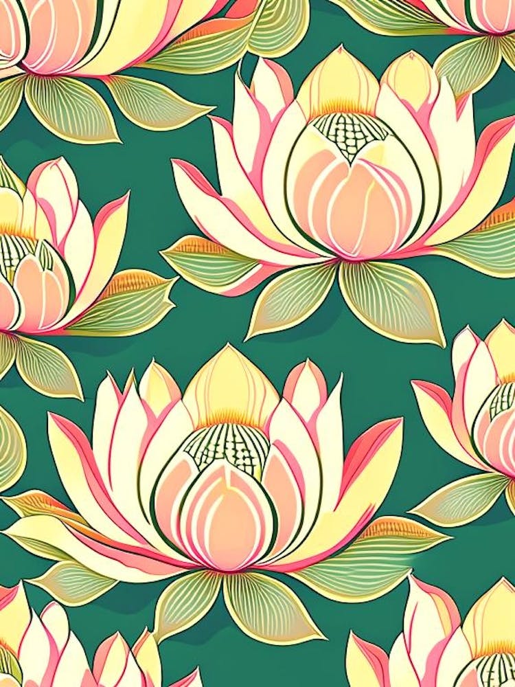 Lotus Flower Repeat Pattern Retro Illustration 3