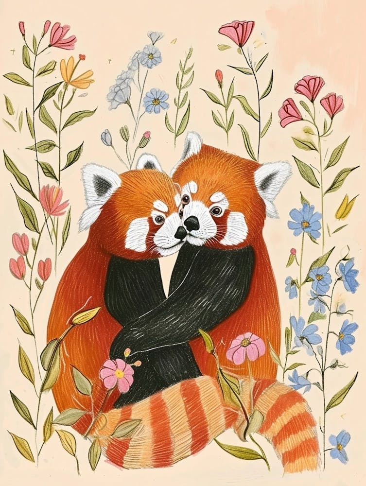 Folksy Floral Animal Drawing Red Panda 1