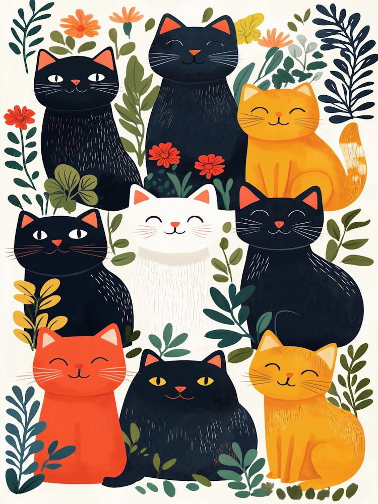 Gaggle Of Cats In The Garden