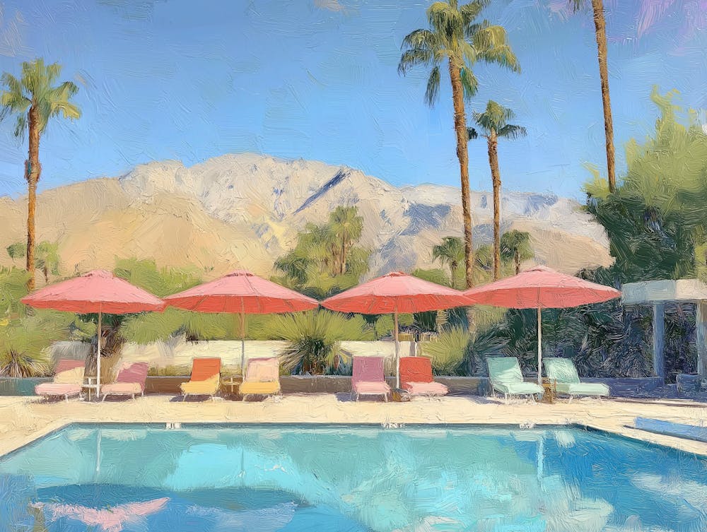 Palm Springs Pool Scene With Pastel Colored Umbrellas And Loungers
