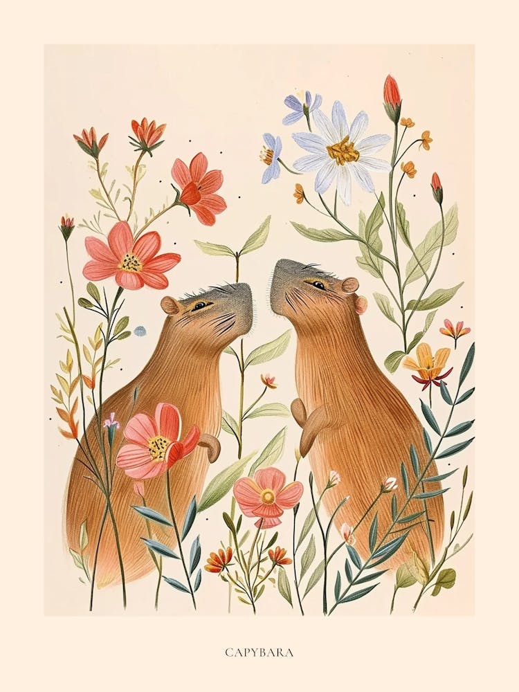 Folksy Floral Animal Drawing Capybara 2 Poster