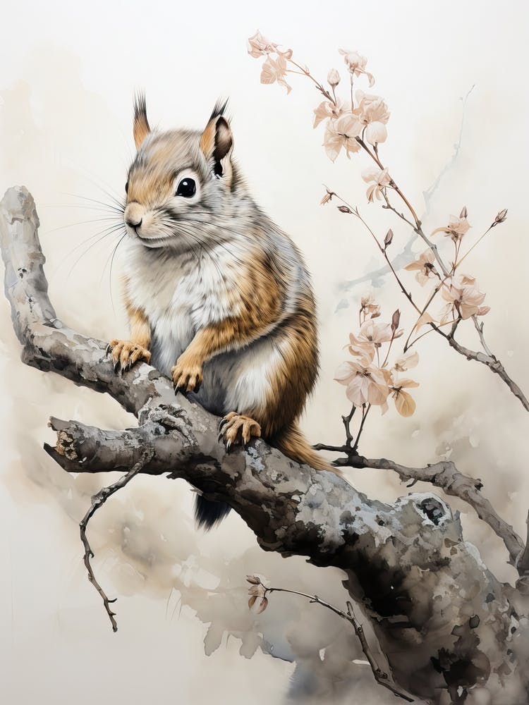 Squirrel, Japanese Brush Painting, Ukiyo E, Minimal 4