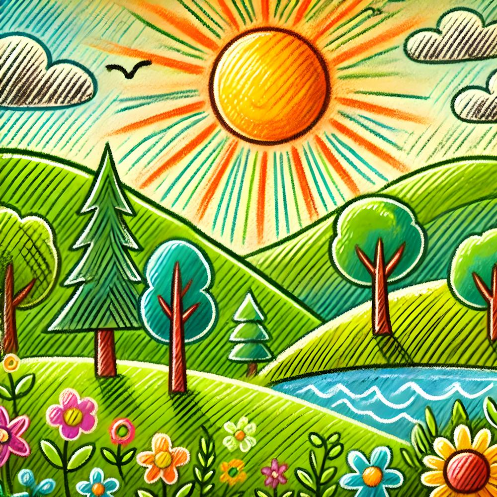 Crayon Storybook Style Whimsical Nature Scene Hand Drawn Kids Illustration