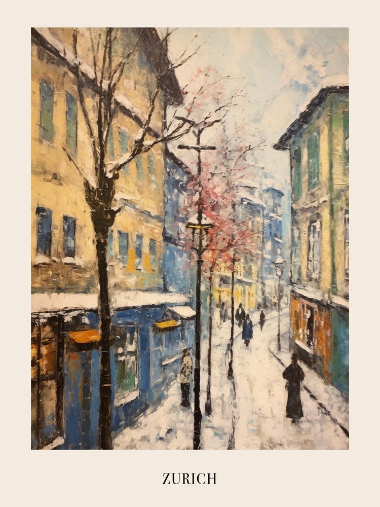 Vintage Winter Painting Poster Zurich Switzerland 1