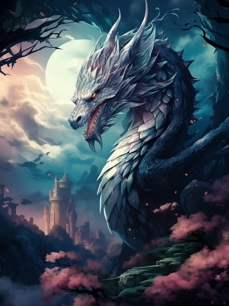 White Dragon Flying Over Landscape Under Full Moon