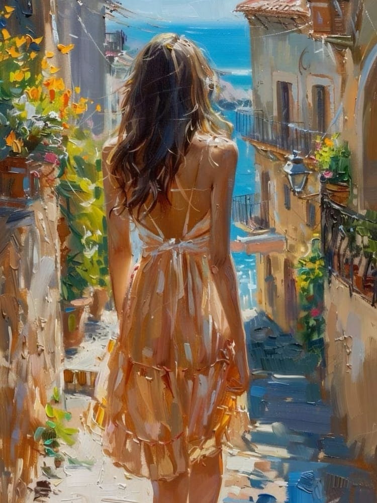 PERFECT - Beautiful Woman on a Summer's Day in Algrave Riviera St Tropez Mediterranean - Abstract Impressionism Acrylic and Oil on Canvas by Britisg Artist John Arwen Beautiful Colorful Floral Botanic Gallery Feature Wall Art in HD