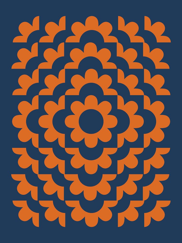 Midcentury Modern Abstract Geometric Flower Pattern Floral in Navy Blue and Burnt Orange