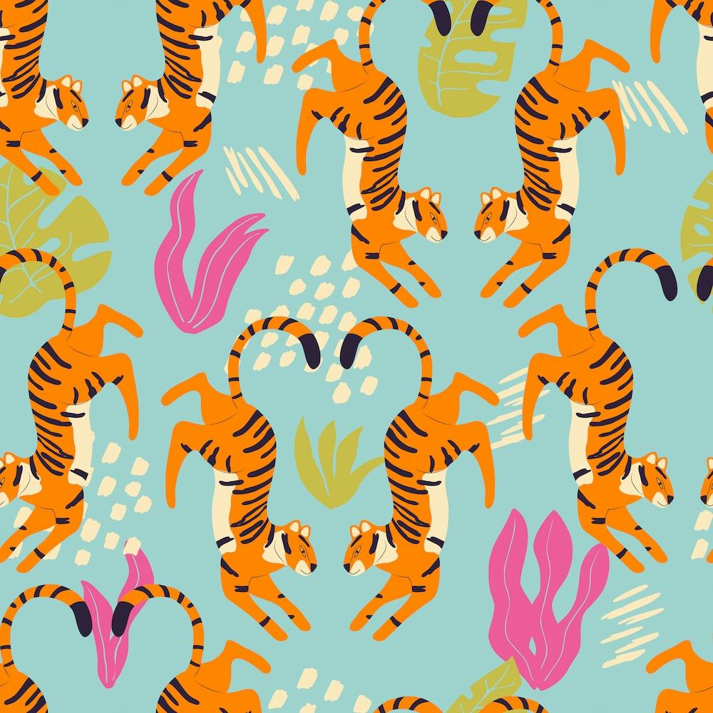 Prancing Tiger Pattern On Blue With Tropical Leaves Square