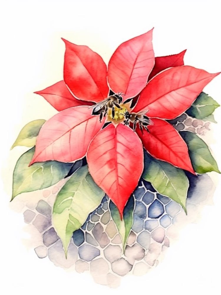 Beehive With Poinsettia Watercolour Illustration 1