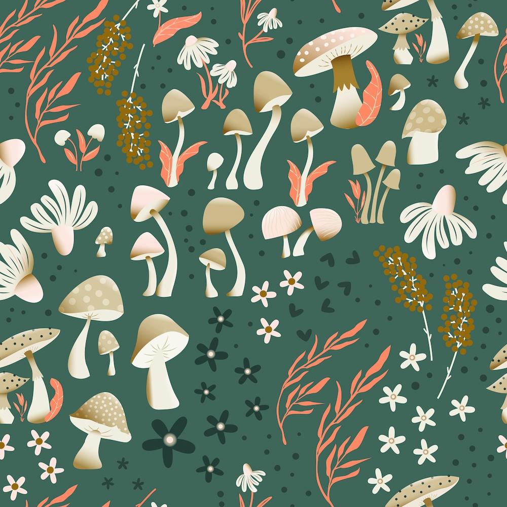 Mushrooms And Florals Pattern On Green Square