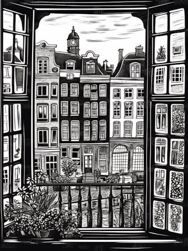 A Window View Of Amsterdam In The Style Of Black And White  Line Art 3