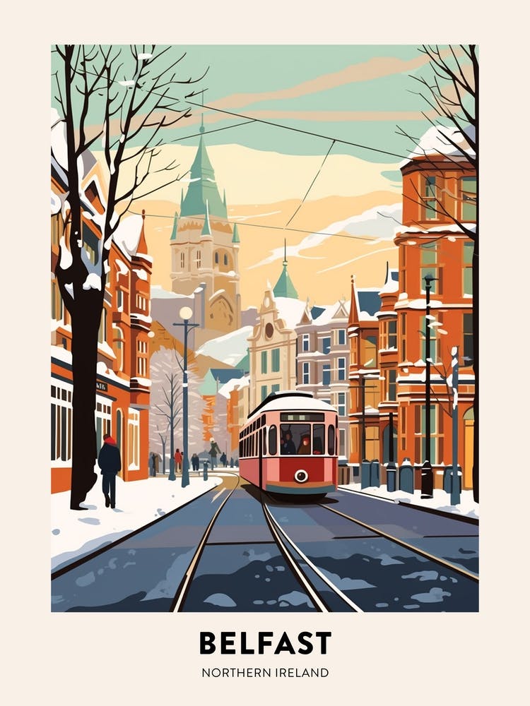 Vintage Winter Travel Poster Belfast Northern Ireland 2
