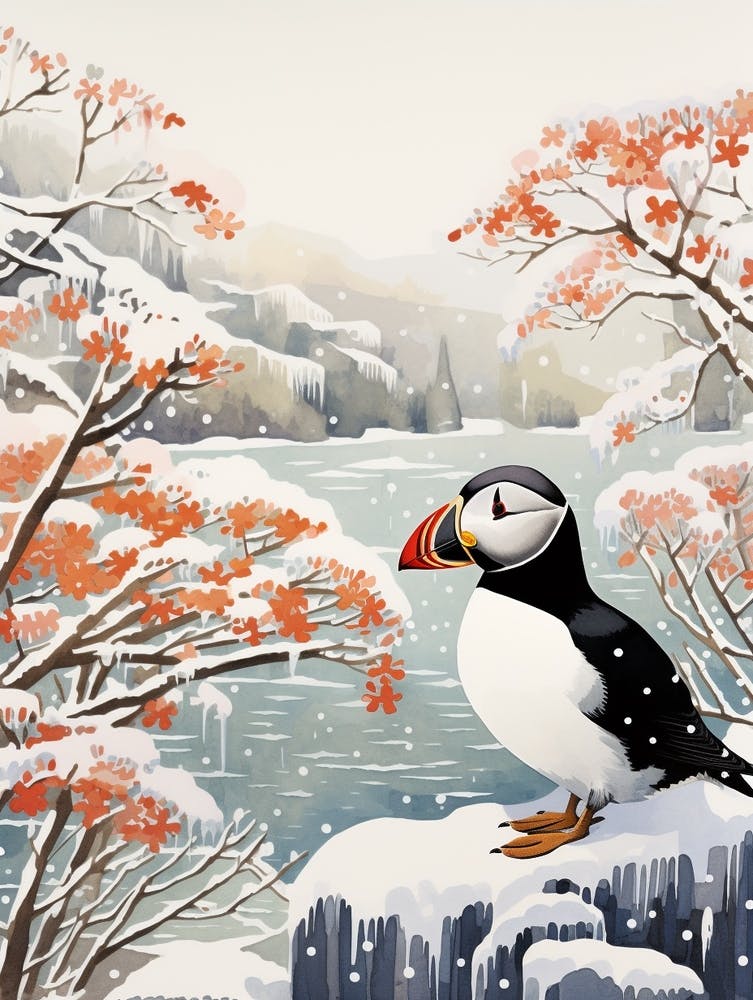 Peinture d'Oiseau d'Hiver Macareux 4