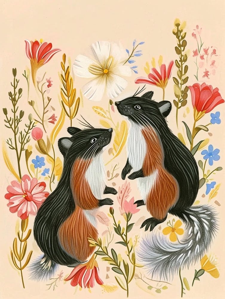 Folksy Floral Animal Drawing Skunk