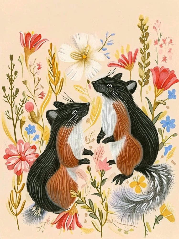 Folksy Floral Animal Drawing Skunk