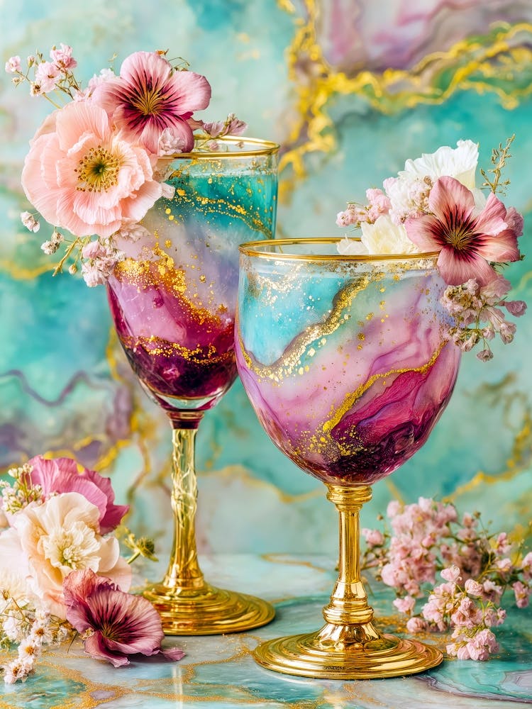 Two Wine Glasses With Flowers